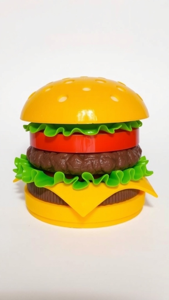 3D printed hamburger model with bun, patty, lettuce, tomato, and cheese on a white background.